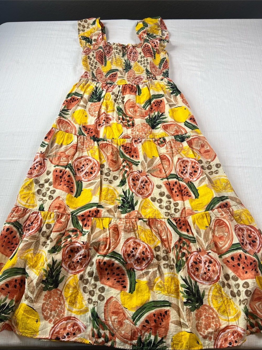 Women’s Yellow & Coral Fruit-Print Tiered Summer Dress